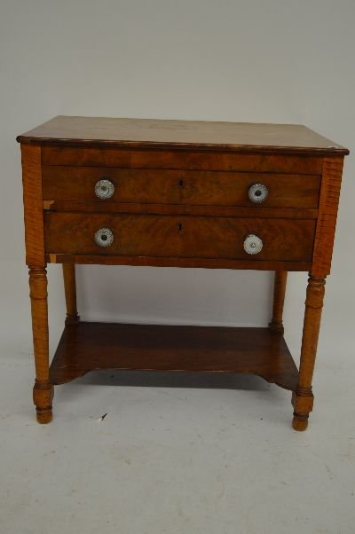 19TH CENT 2 DRAWER TIGER MAPLE WORK TABLE: 19TH CENT 2 DRAWER TIGER MAPLE WORK TABLE 30" X 20" x 31" tall