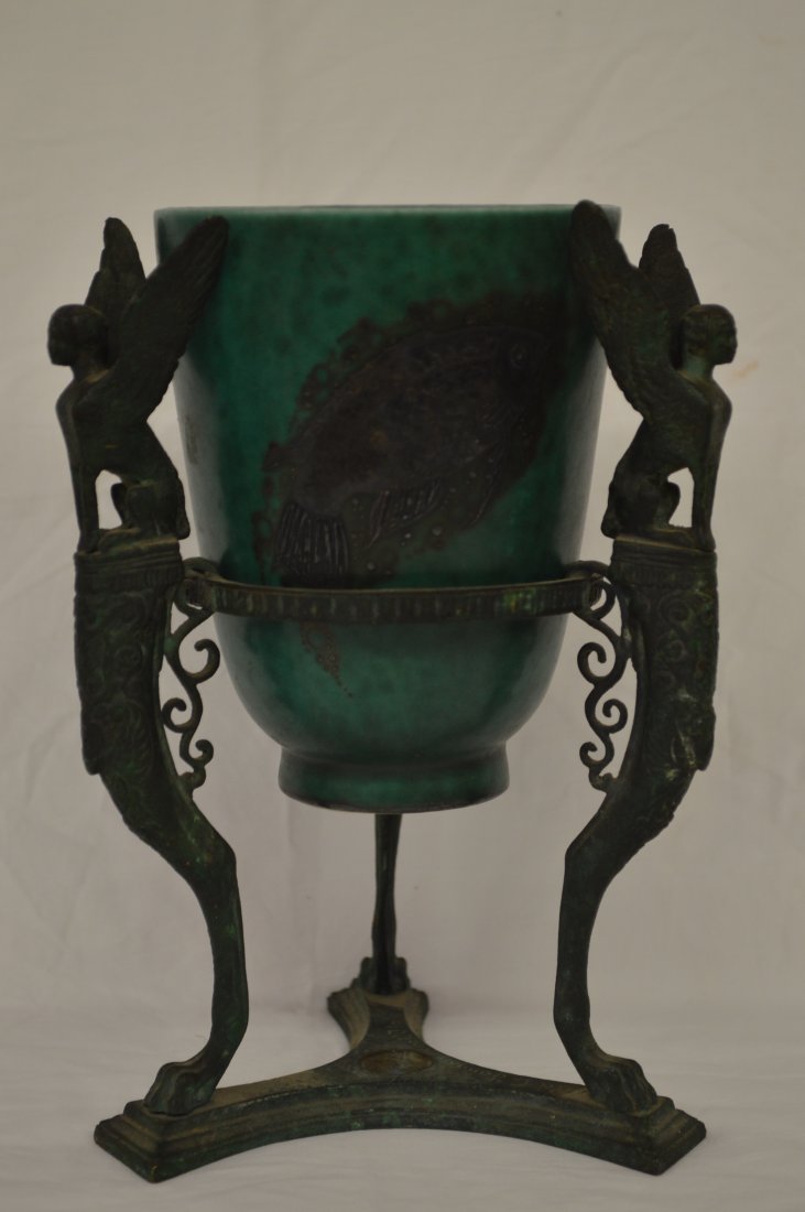 GUSTAVSBERG VASE WITH COI FISH MOUNTED IN AN SIGNED: GUSTAVSBERG VASE WITH COI FISH MOUNTED IN AN SIGNED ITALIAN BRONZE GARNITURE