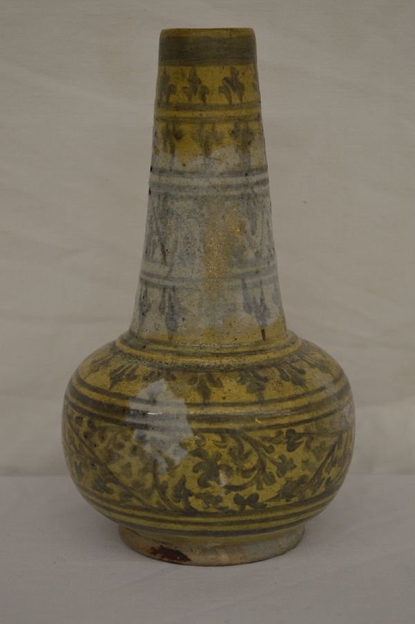 EARLY STONEWARE BOTTLE VASE WHITE W/ BLACK DECORATIVE (1 of 3)