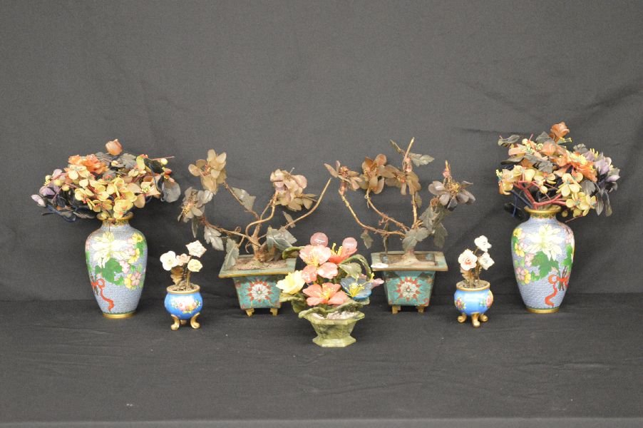 7 PCS. CHINESE CLOISONNÉ W/ SEMI PRECIOUS STONE FLORAL (1 of 1)