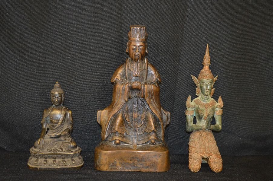 BRONZE IMMORTAL FIGURES AND 2 BRONZE BUDDHAS 10 1/2" (1 of 3)