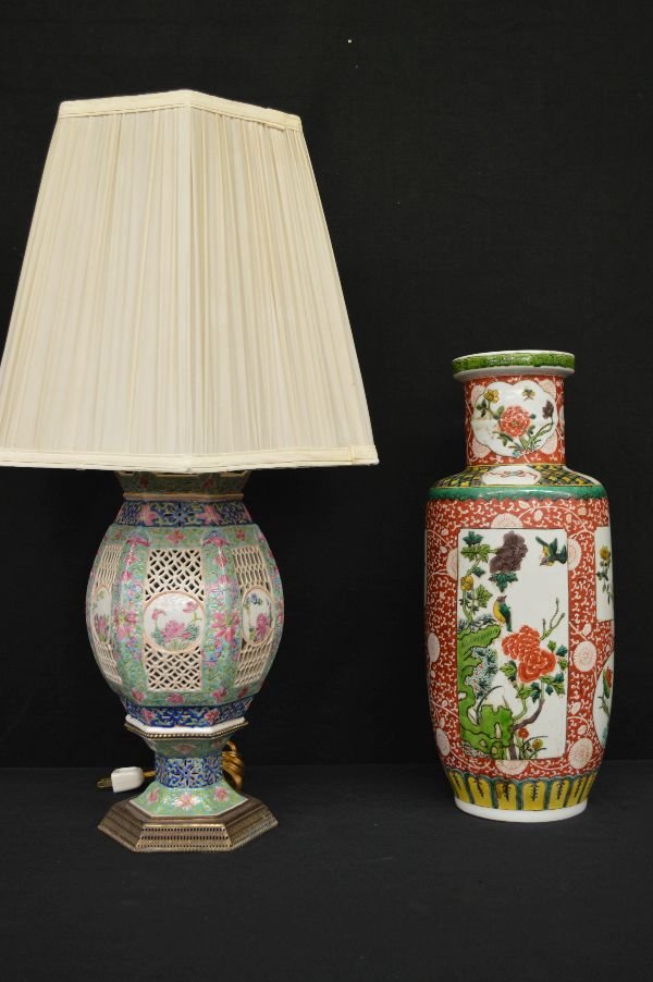 PIERCED PORCELAIN FAMILLE ROSE LANTERN AND A FAMILLE (1 of 3)