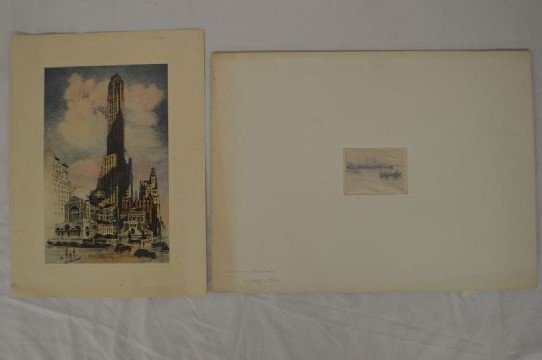 2 EARLY NEW YORK CITY ETCHINGS, 1 BY CARL ABEL IN: 2 EARLY NEW YORK CITY ETCHINGS, 1 BY CARL ABEL IN COLORS 8"X12" AND 3"X4"