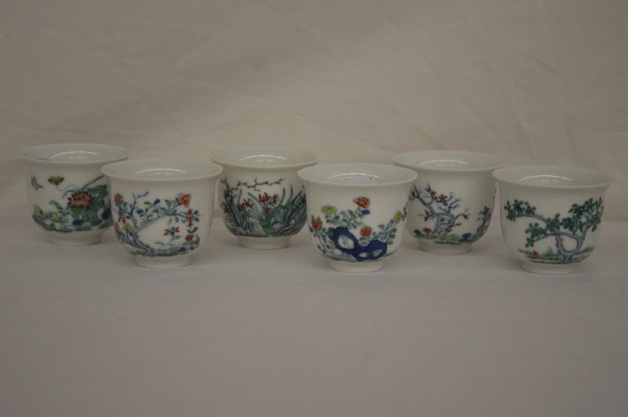 SIX PIECES CHINA DOU GLAZED PORCELAIN CUPS W/ FLOWERS,: SIX PIECES CHINA DOU GLAZED PORCELAIN CUPS W/ FLOWERS, BLUE KANG TSI MARK ON BASE 2 1/2" D