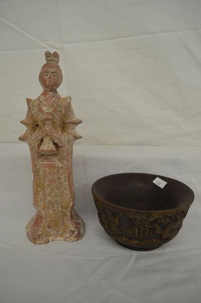 REDWARE CHINESE FIGURE AND CARVED WOODEN BOWL 10" h 5: REDWARE CHINESE FIGURE AND CARVED WOODEN BOWL 10" h 5 1/4 d