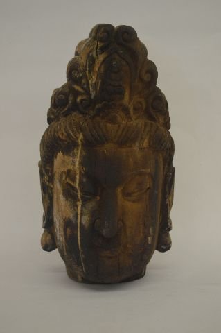 17TH CENTURY PAINTED WOOD TEMPLE BUDDHA HEAD w/ HOLE AT (1 of 3)