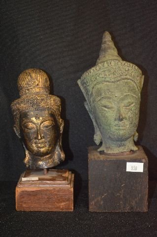 2 EARLY THAI BRONZE BUDDHA HEADS ON PLINTHS, 9" AND (1 of 2)
