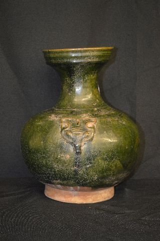 EARLY RED WARE POTTERY CHINESE URN IN DARK GREEN GLAZE, (1 of 3)