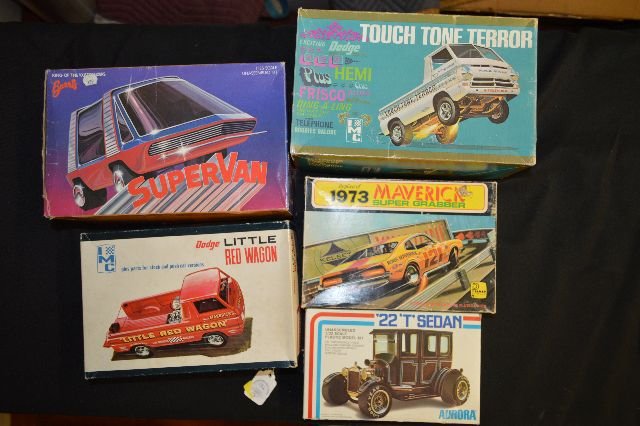 5 VINTAGE 1960S/70S UNMADE MODEL HOT ROD CARS BY: 5 VINTAGE 1960S/70S UNMADE MODEL HOT ROD CARS BY AURORA, PALMER, BARRIS, AND IMC