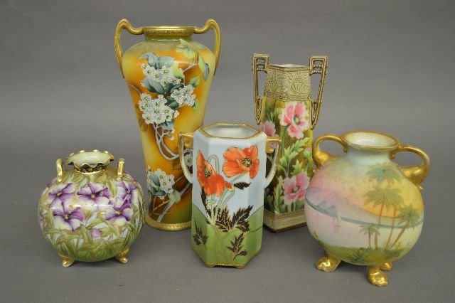 5 NIPPON VASES, 1 WITH PALM TREE HAS CHIP (1 of 2)