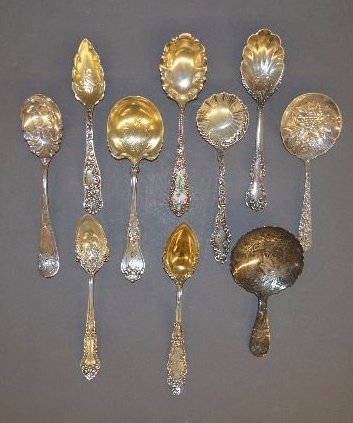 9 FANCY STERLING SILVER SERVING SPOONS, ENAMEL, KIRK, (1 of 2)