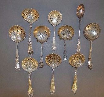 9 STERLING SILVER PIECES, BOWL CONFECTION SUGAR SPOONS; (1 of 2)