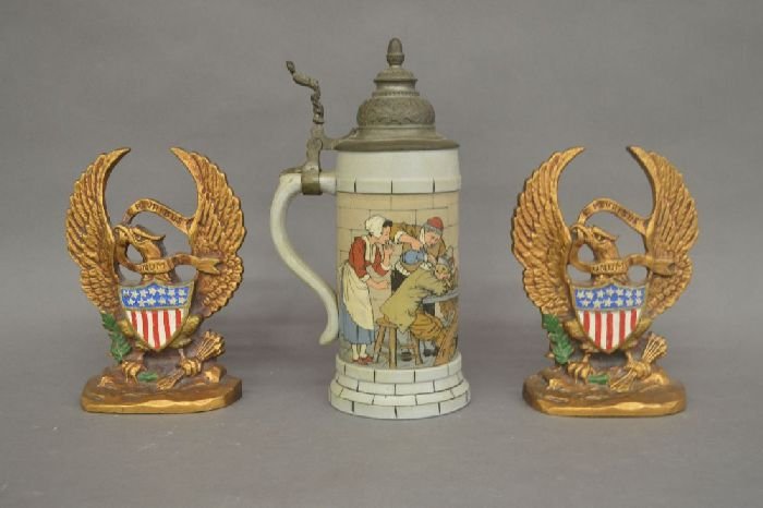 ANTIQUE METTLACH STEIN WITH 2 EAGLE BOOKENDS; 10" AND (1 of 5)