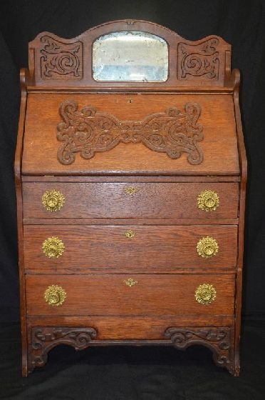 LARKIN ART NOUVEAU MIRRORED OAK SLANT FRONT DESK; 50" x (1 of 2)