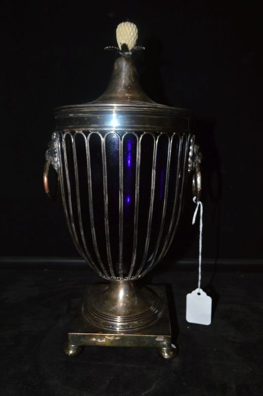 SILVER PLATED MANTLE URN WITH CARVED FINIAL AND COBALT (1 of 6)