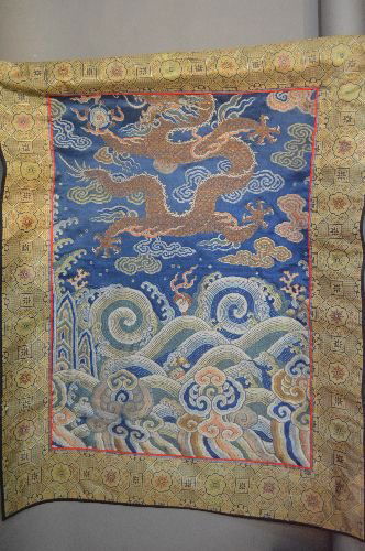 A 19TH CENTURY CHINESE EMBROIDERED PANEL WITH DRAGON; (1 of 2)