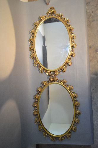 PAIR OF FANCY ANTIQUE CAST IRON BRASS WALL MIRRORS; 24" (1 of 4)