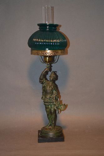 BRONZE FIGURAL LAMP OF VICTORIAN HUNTSMAN WITH GREEN (1 of 3)