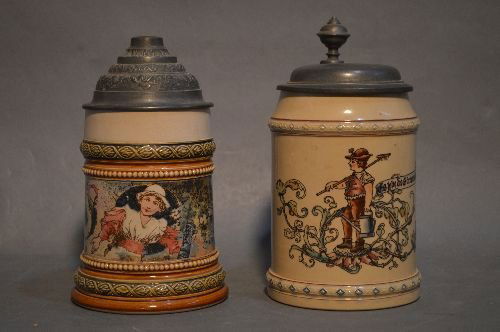 2 ANTIQUE GERMAN STEINS WITH PEWTER LIDS, 1 METTLACH, 1 (1 of 4)