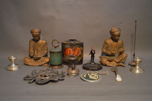 WEIGHTED SILVER CANDLE STICKS, LIGHTERS, TOLEWARE, (1 of 2)