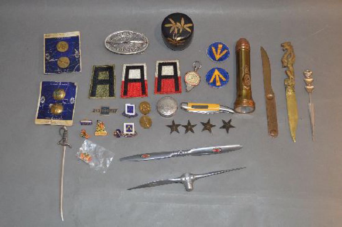 ANTIQUE LETTER OPENERS, FLASHLIGHT, MILITARY BUTTONS,: ANTIQUE LETTER OPENERS, FLASHLIGHT, MILITARY BUTTONS, AND POCKET KNIVES