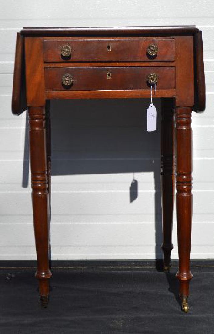 SHERIDAN 2 DRAWER WORK TABLE WITH PROVENANCE: SHERIDAN 2 DRAWER WORK TABLE WITH PROVENANCE; 24 1/2" x 17 1/2" x 33"