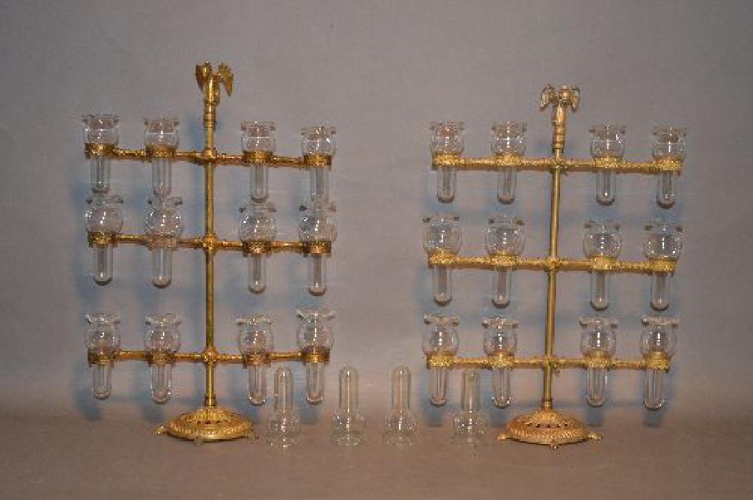 PAIR OF 3 TIERED BRASS EPERGNES WITH GLASS INSERTS.18": PAIR OF 3 TIERED BRASS EPERGNES WITH GLASS INSERTS.18" TALL