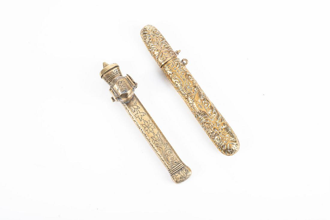 OTTOMAN DIVIT (QALAMDAN), TRAVEL INKWELL WITH PEN: OTTOMAN DIVIT (QALAMDAN), TRAVEL INKWELL WITH PEN HOLDER, PERSIAN/OTTOMAN EMPIRE, EARLY 20TH CENTURY, two in the lot A traditional Islamic traveling pen holder, one with inkwell, carried by government
