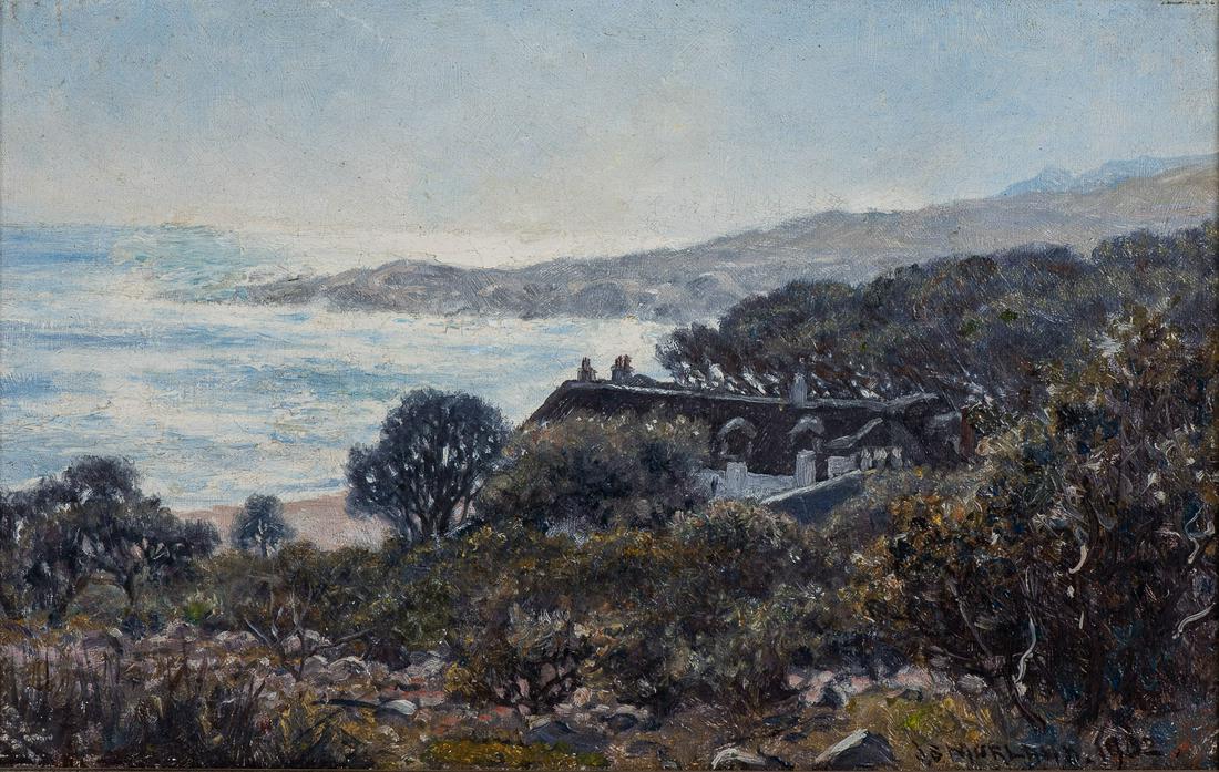 COTTAGE AND COAST: James Smith Morland (South African 1846-1921) COTTAGE AND COAST signed and dated 1902 oil on canvas 22 by 35cm