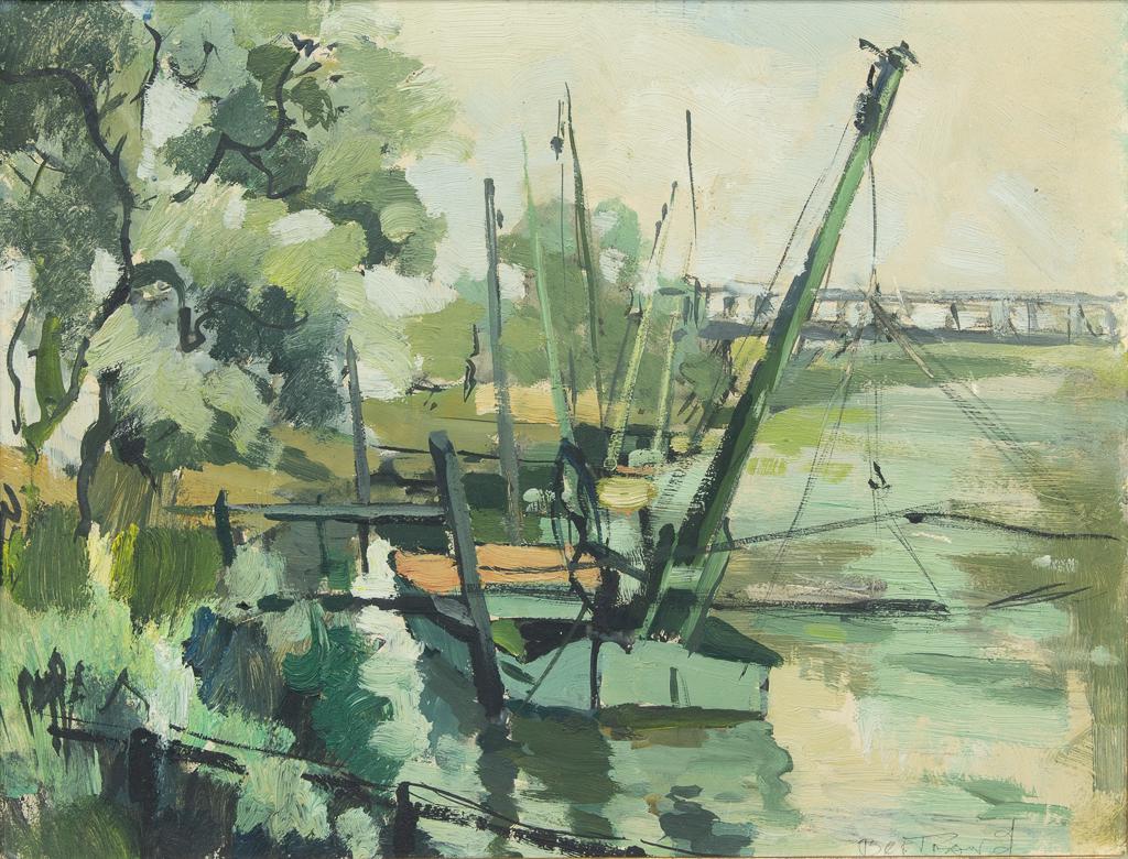 Gaston BERTRAND (1910-1994) (probably): Probably Gaston BERTRAND (1910-1994), Harbor Crane, oil on panel. Width (cm): 34 Height (cm): 26