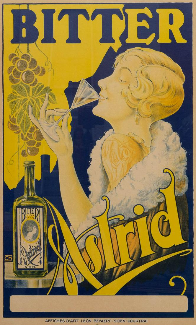 An original poster, Bitter Astrid, monogrammed CN and: An Original poster, Bitter Astrid, monogrammed CN and made by Leon Bayaert-Sioen in Kortrijk, Belgium. First half of 20th century. (54 x 84 cm)