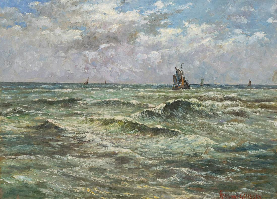 Franz VAN GENESEN (1887-1945) Sea view with ships, oil (1 of 6)
