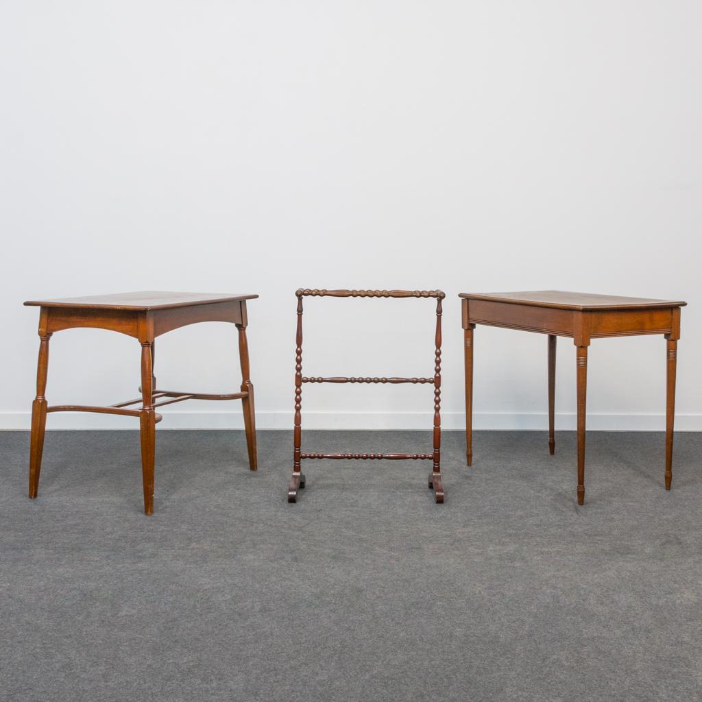 A collection of 2 side tables and a towel rack. First (1 of 20)