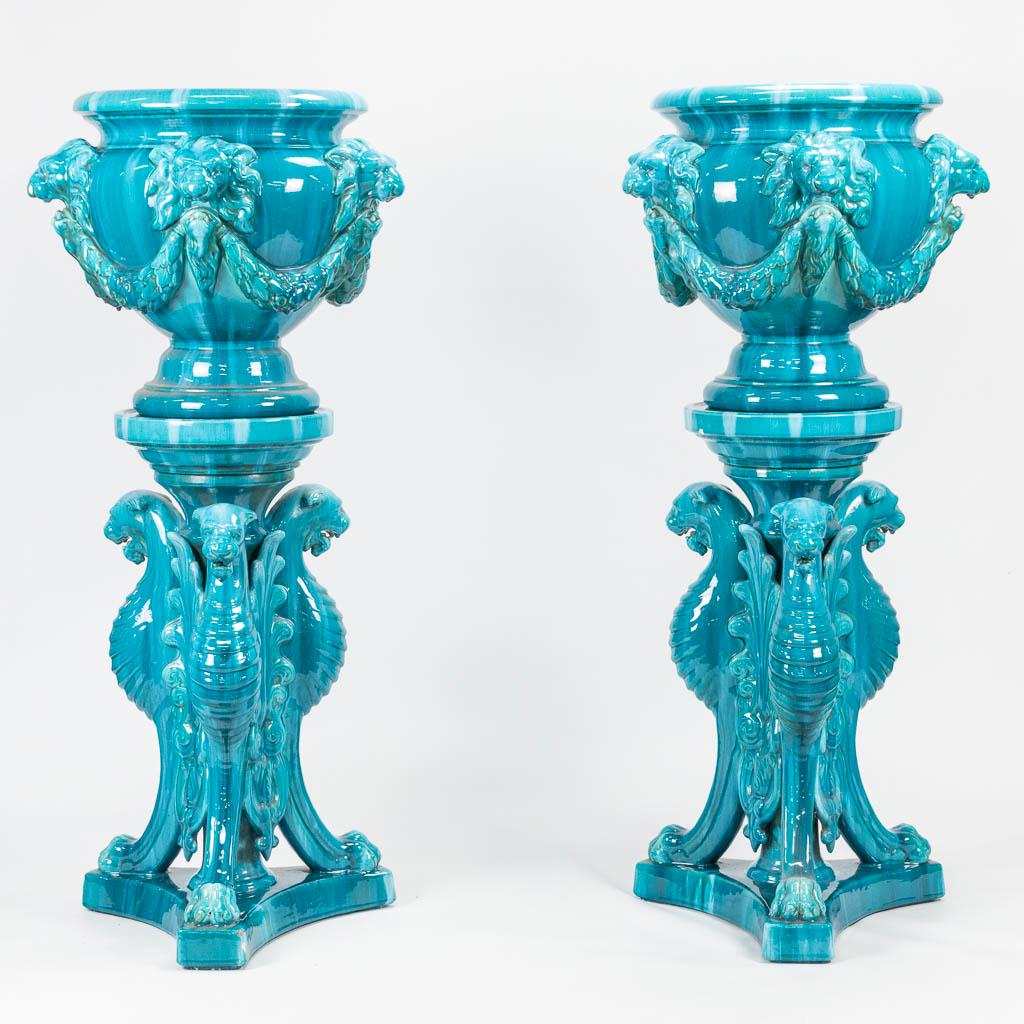 Jerome MASSIER (1850-1926) A pair of exceptional cache: Jerome MASSIER (1850-1926) A pair of exceptional cache pots made of blue glazed faience, France around 1900. 'Musee Magnelli (2000) Massier: l'introduction de la ceramique artistique sur la cote d'azu