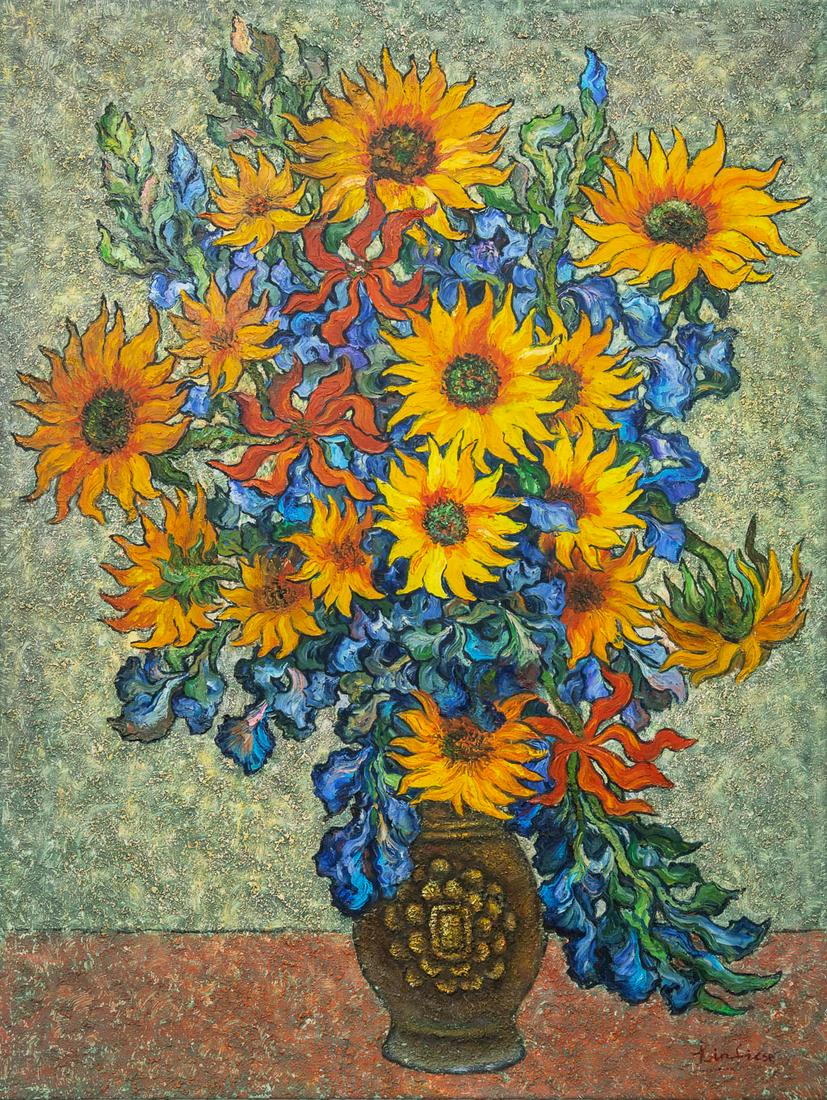 A painting of a flower vase, in the style of Vincent: A painting of a flower vase, in the style of Vincent Van Gogh. Oil on canvas. (77 x 102 cm)