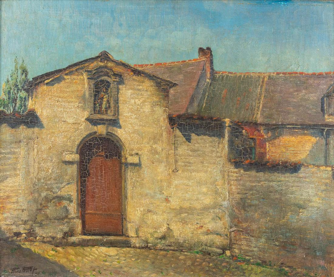 Théo PERROT (1856-c.1942) 'View of a village' a: Théo PERROT (1856-c.1942) 'View of a village' a painting, oil on panel. (40 x 32 cm)
