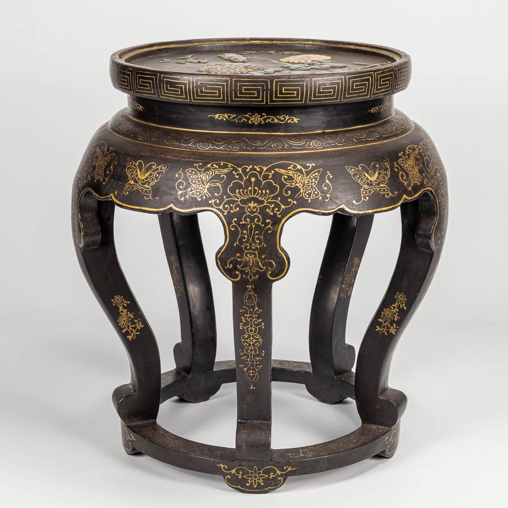 A side table made of hardwood and inlaid with Chinese: A side table made of hardwood and inlaid with Chinese hardstone.Condition: missing the glass top. (43 x 47 cm)