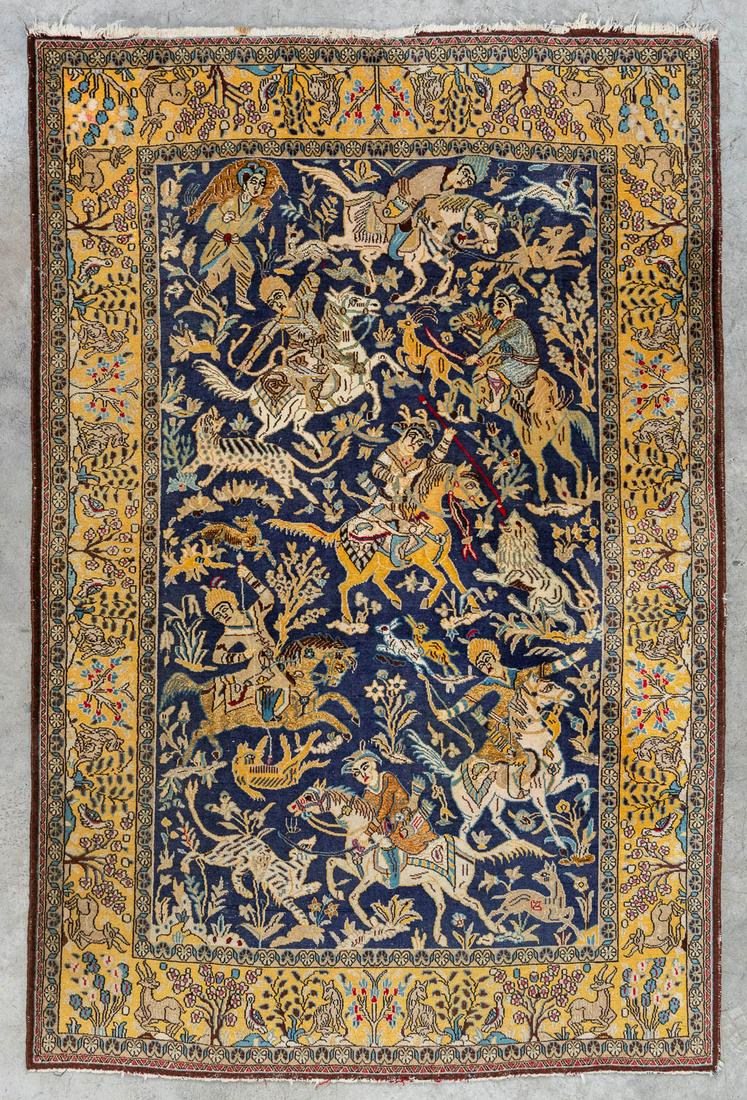 A figurative Oriental hand-made carpet 'Hunting Scene'. Kashmir. (203 x 137 cm) (1 of 9)