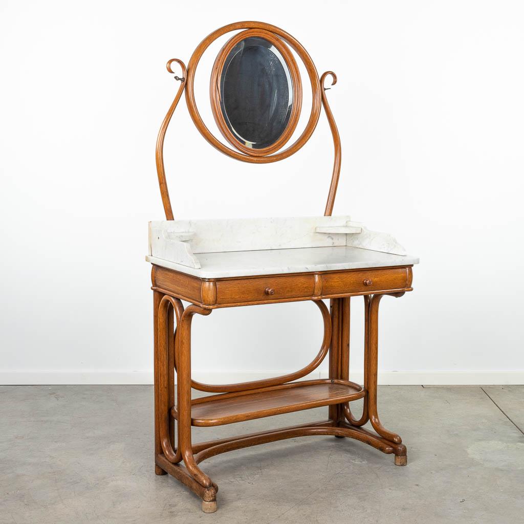An antique dressing table with oval mirror and white marble top in Thonet style. Circa 1900. (45 x: An antique dressing table with oval mirror and white marble top in Thonet style. Circa 1900. (45 x 89 x 165cm)