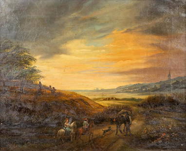 'Landscape at dusk', a painting, oil on canvas. No signature found (50 x 41cm): 'Landscape at dusk', a painting, oil on canvas. No signature found, 19th century. . (50 x 41cm)