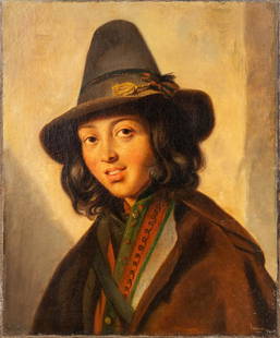 Portait of a young herder with a hat, marked Roma. Illegibly signed, oil on canvas. 1842. (50 x: Portait of a young herder with a hat, marked Roma. Illegibly signed a painting, oil on canvas. 1842. . (50 x 60cm)