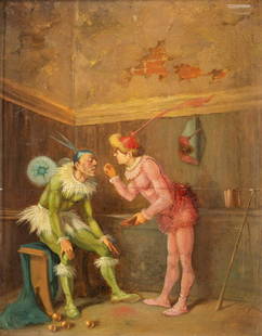 'Two Jesters doing make-up', antique painting oil on panel. No signature found. 19th C. (24,5 x: 'Two Jesters doing make-up', antique painting oil on a mahogany panel. No signature found, 19th century. . (24,5 x 30cm)