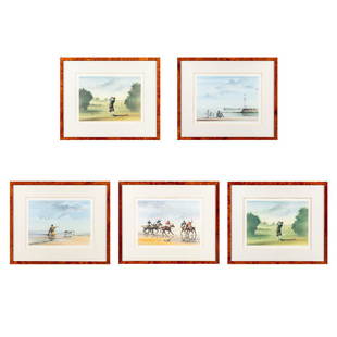 Alain GAUDIN (1951) 'Golf, Polo, La Mer, The Harbor' a collection of 5 lithographs (36 x 26cm): Alain GAUDIN (1951) 'Golf, Polo, La Mer, The Harbor' a collection of 5 lithographs, framed. Signed b y the artitst and marked 176/200, 179/200, 179/200, 199/200 & 181/200. (36 x 26cm)