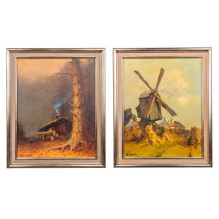 Albert DEMOEN (1916) 'Windmolen' & 'De Blokhut' oil on canvas. (40 x 50cm): Albert DEMOEN (1916) 'Windmolen' & 'De Blokhut' a set of two paintings, oil on canvas. . (40 x 50cm)