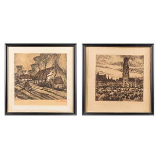 Alfons BLOMME (1889-1979) 'The Bruges Belfry & Kempen (35 x 35cm): Alfons BLOMME (1889-1979) 'Het Brugse Belfort, Kempen', a collection of two gouache coloured etchings. . (35 x 35cm)