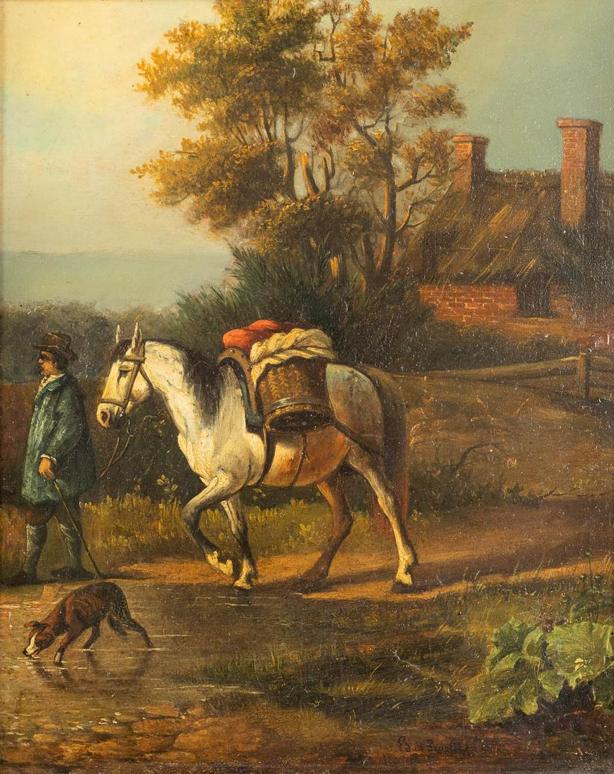 Edmond DE PRATERE (1826-1888) 'Walking a horse' a painting, oil on panel. 19th C. (W:27 x H:33 cm) (1 of 7)