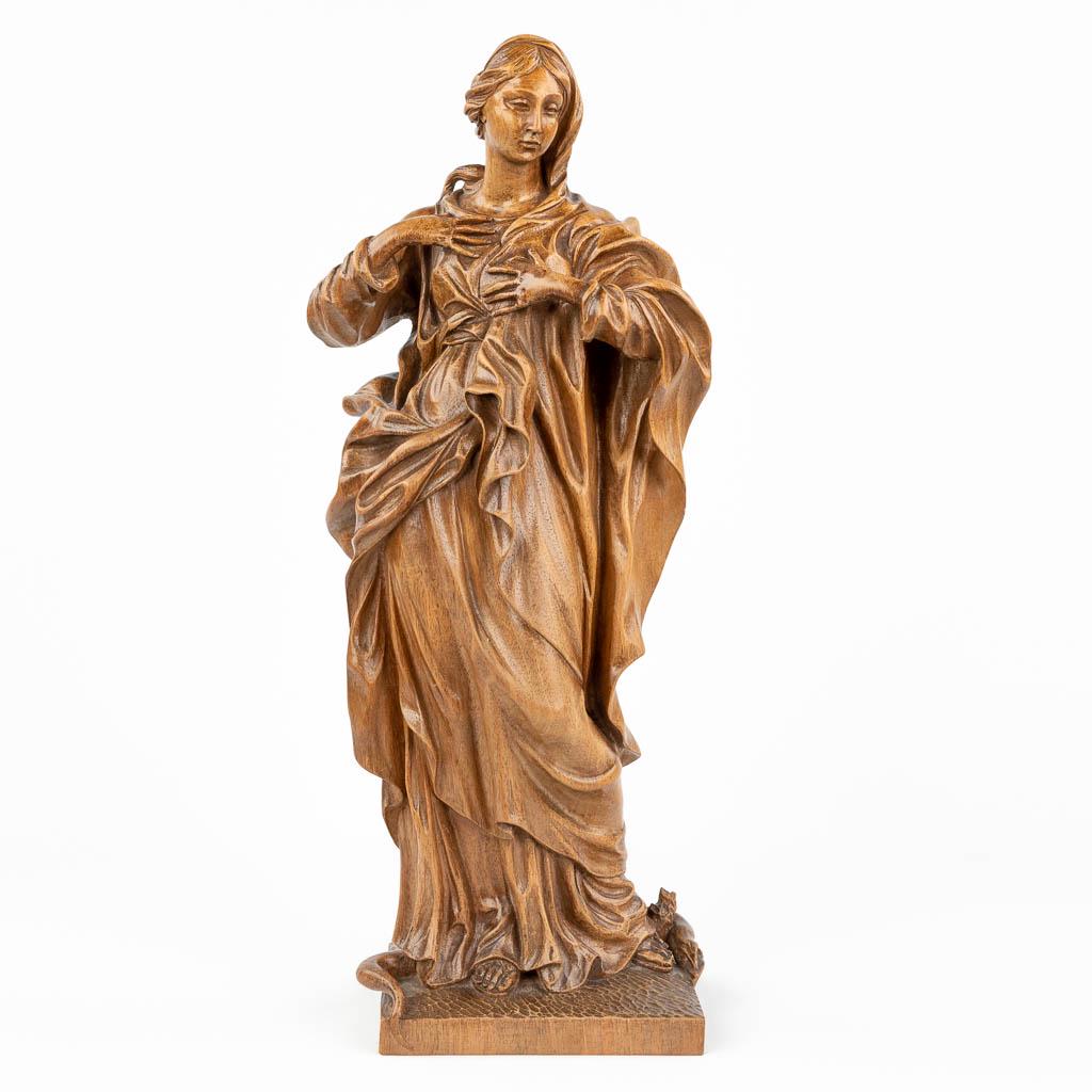 Madonna trampling the serpent, a wood sculptured statue. 20th C.  (L:11 x W:18 x H:45 cm) (1 of 12)