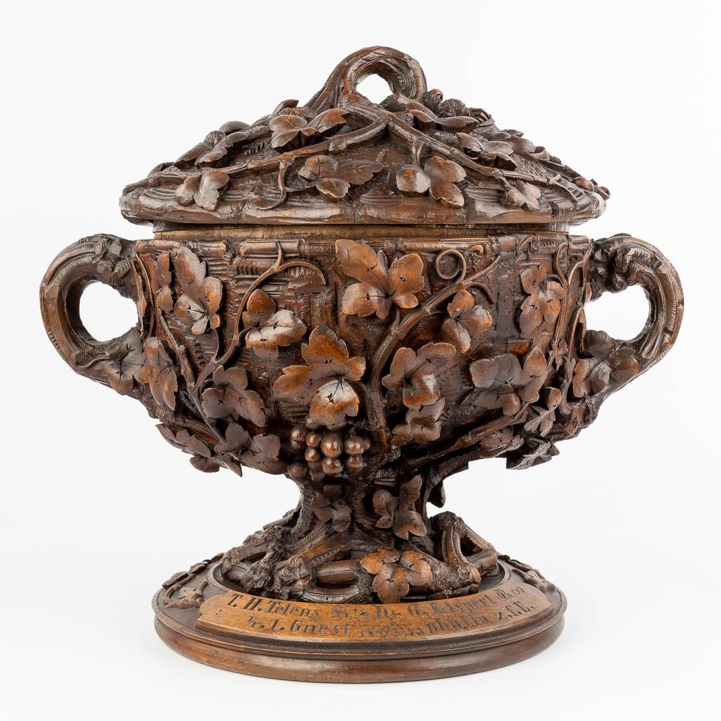 A table centrepiece or Punch bowl made of richly sculptured wood and dated 1873.  (L:38 x W:50 x (1 of 14)
