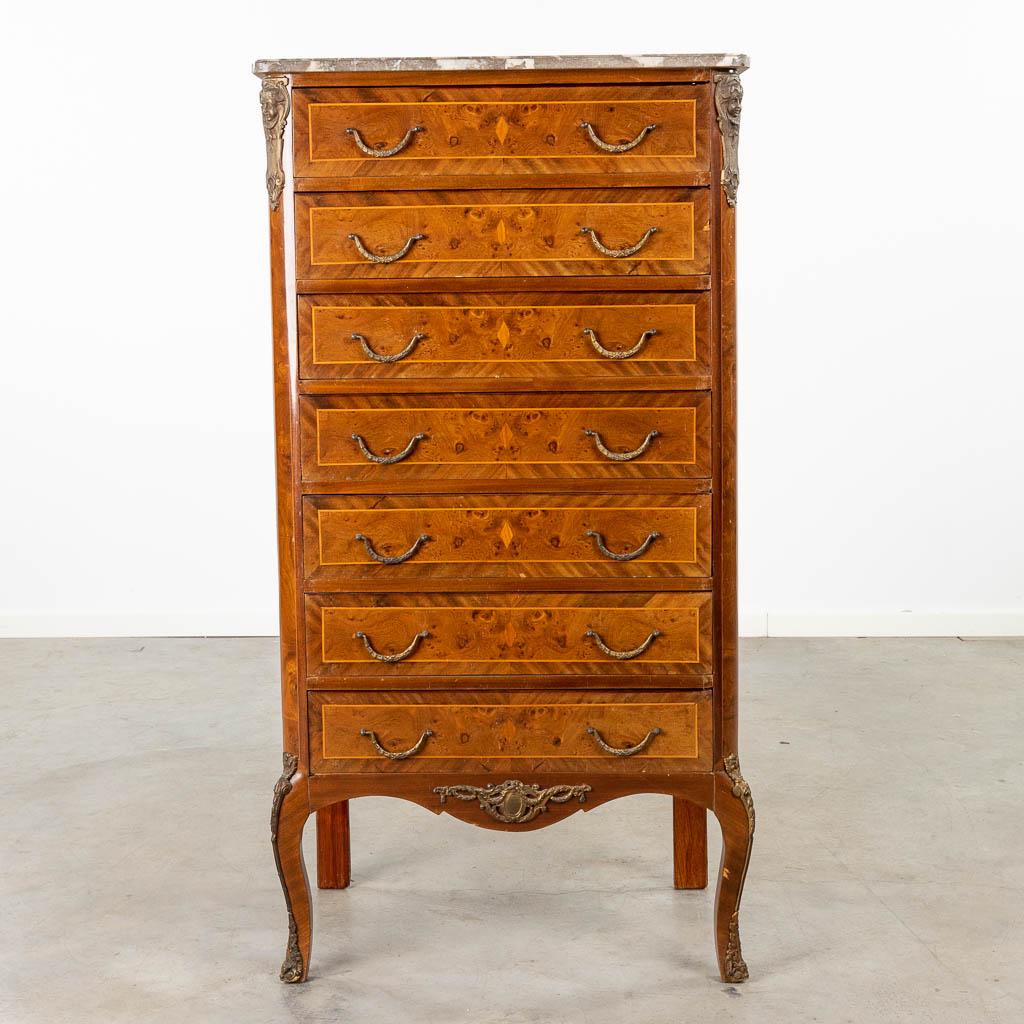 A 7 drawer cabinet finished with marquetry inlay and a marble top. Circa 1970.  (L:43 x W:77 x H:135 (1 of 14)