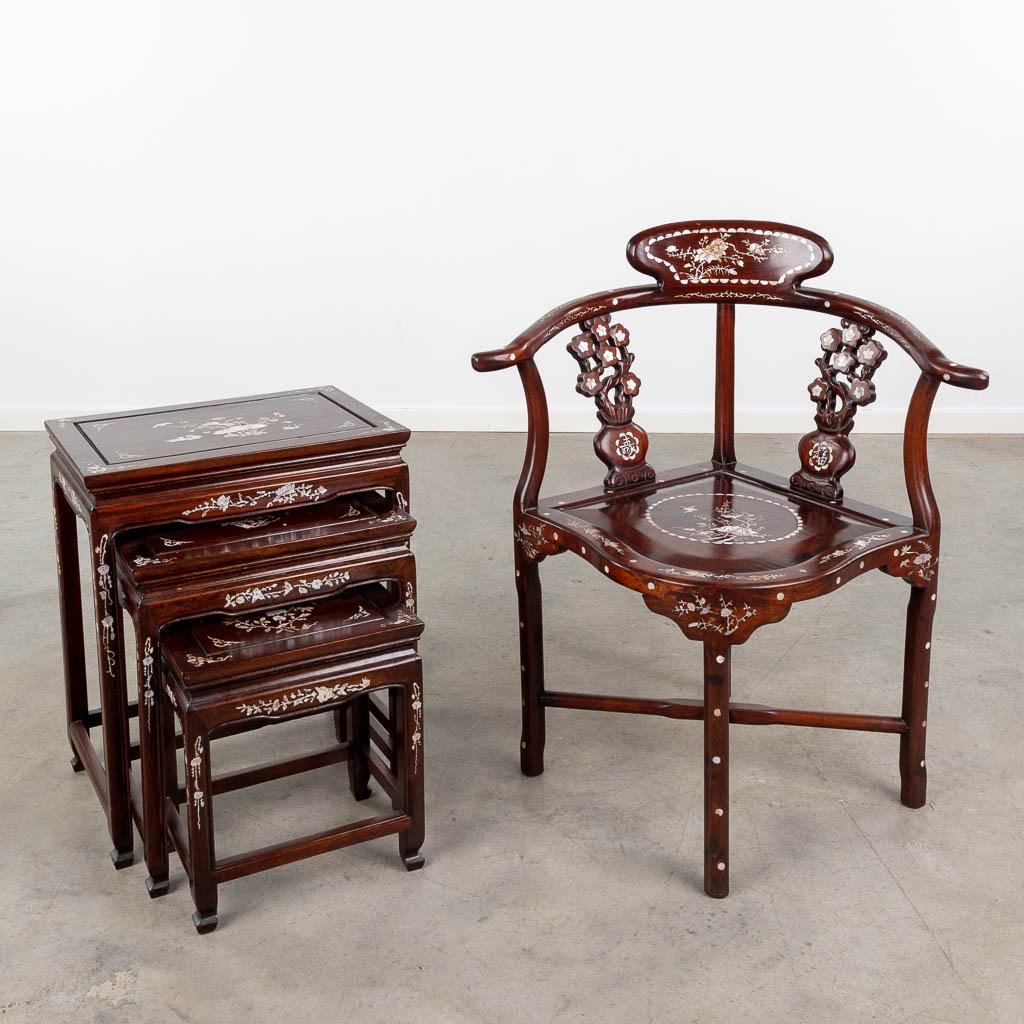 A set of Oriental cigogne side tables and a chair, decorated with mother of pearl. (L:55 x W:55 x (1 of 18)